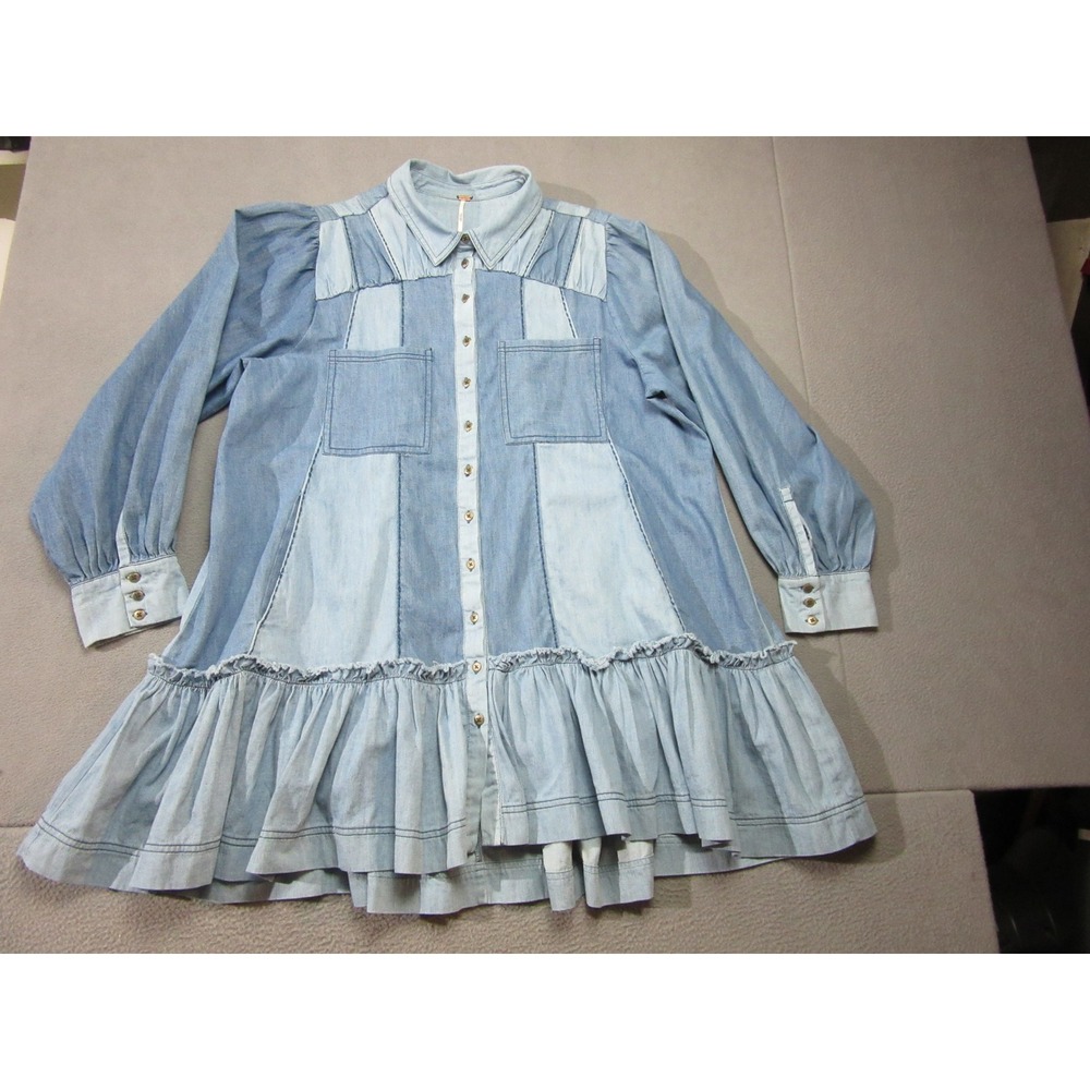 Free People Mini Dress Womens Large Blue Patchwork Denim Ruffle Hem Peasant